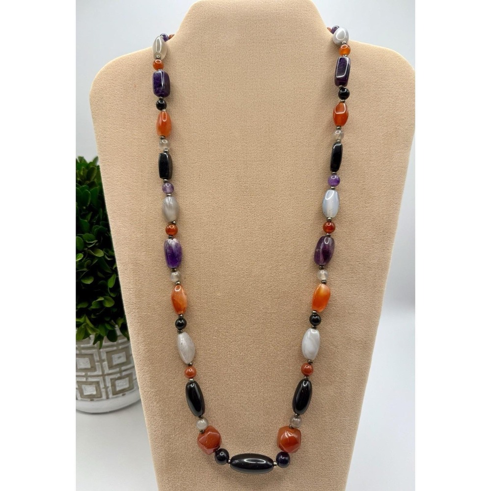 Vintage Multi Gemstone Necklace 30" Amethyst Onyx‎ Carnelian Agate Brass Beads